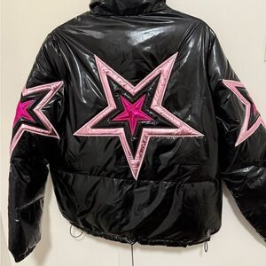 NWOT Fantastic Fawn Metallic Star Women's Shiny Black Puffer Jacket. Size Small